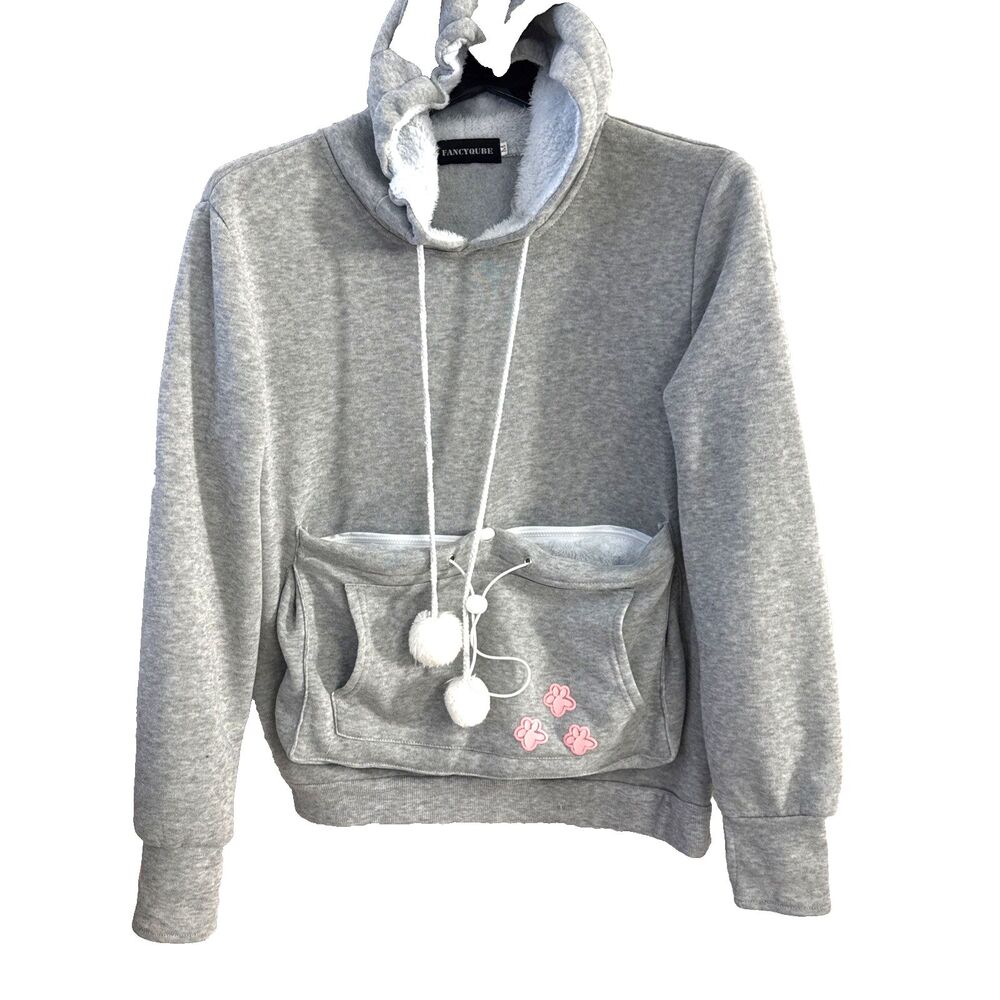Womens Hoodie - M - Gray - Faux Fur Pocket for Cat Lovers Kangaroo Pouch
